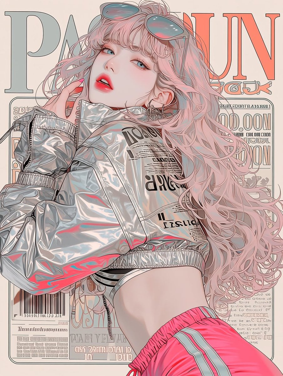 A magazine cover design featuring a [여/남], wearing a metallic silver cr…