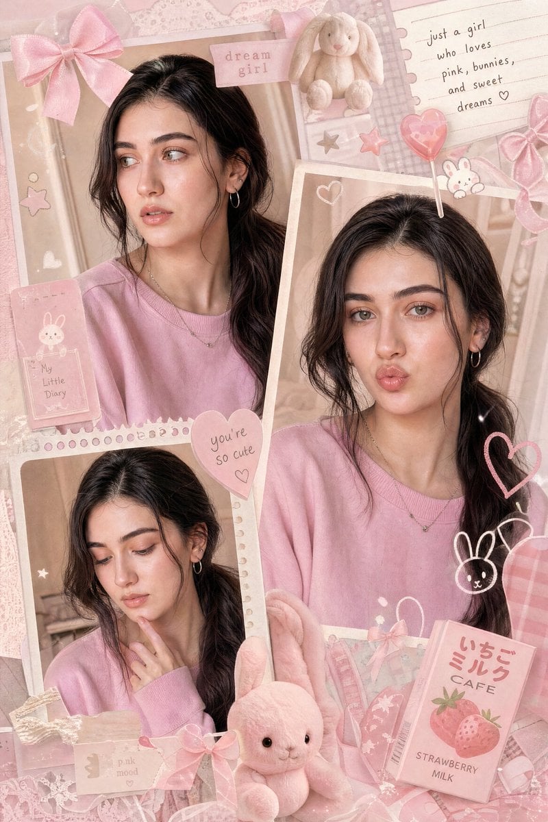 A dreamy multi-frame pastel pink aesthetic collage featuring a cute you…