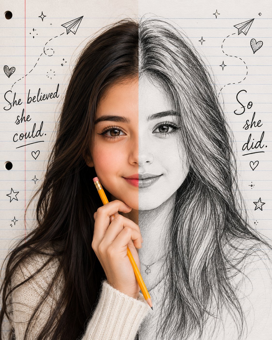 Split-face portrait of the exact same person, perfect identity lock on …