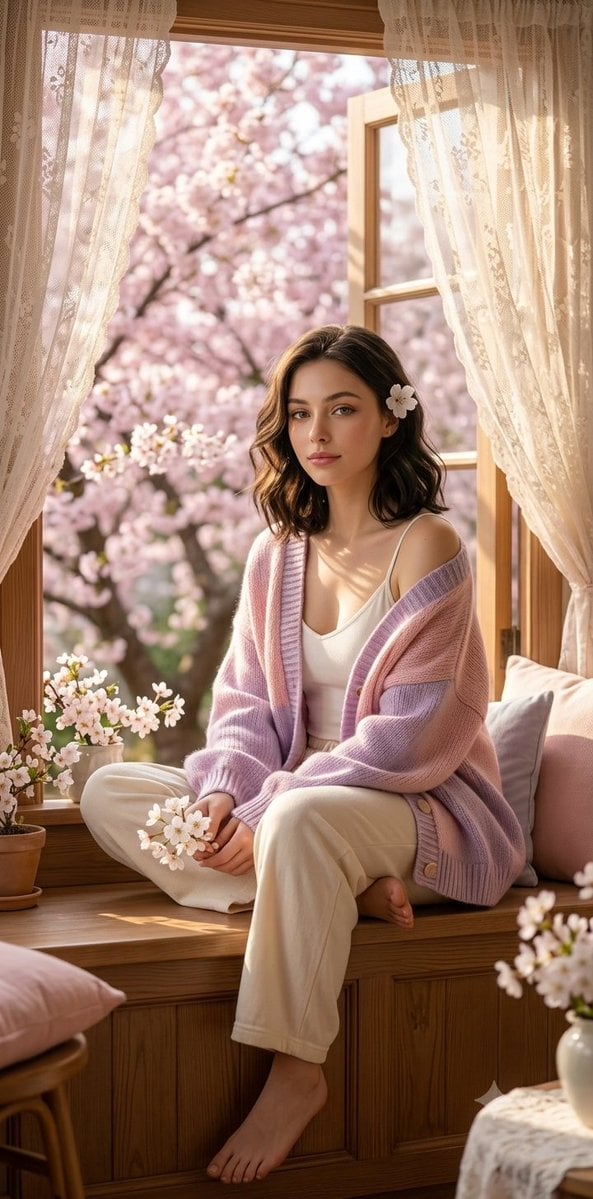 Ultra-realistic spring morning portrait of a beautiful young woman sitt…