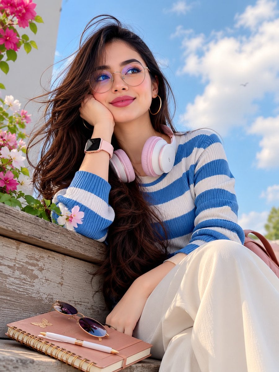 Photorealistic vertical portrait of a young woman outdoors against a br…