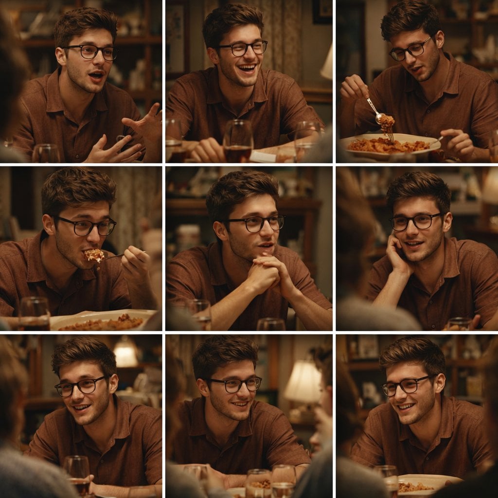 A 3x3 grid storyboard contact sheet comprised of nine candid, cinematic…