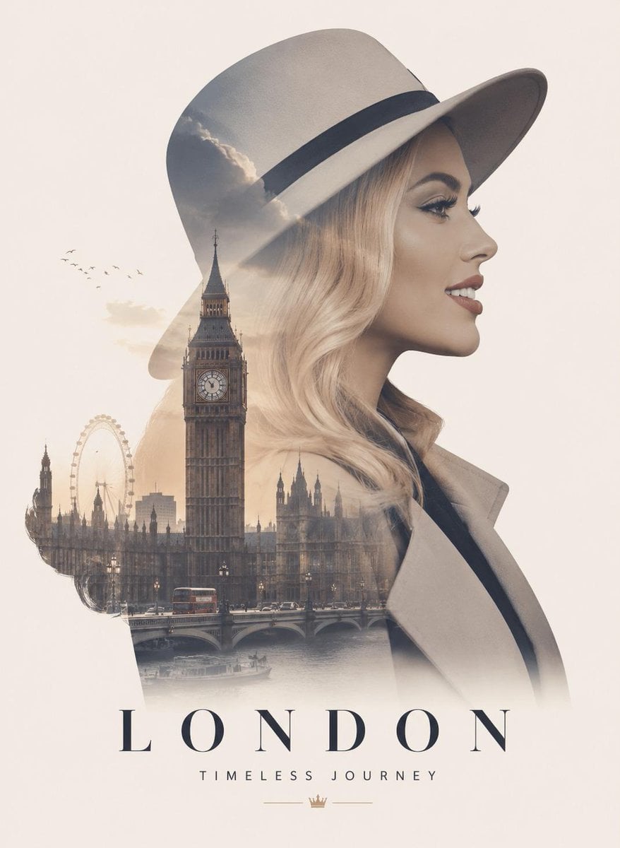 Ultra-premium double exposure travel poster, elegant side-profile portr…