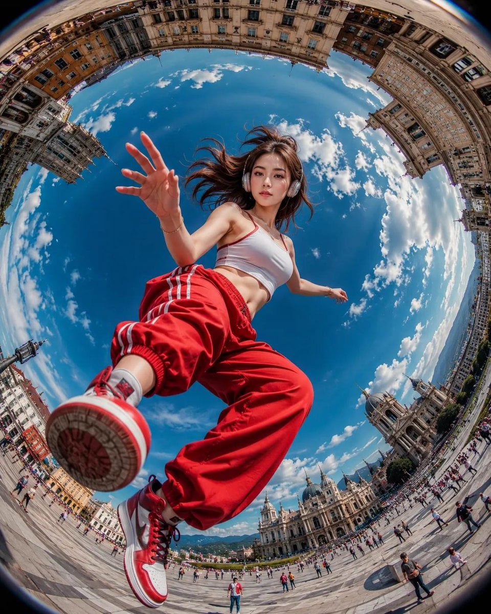 Ultra-realistic action photography, extreme fisheye lens (8mm), worm’s-…