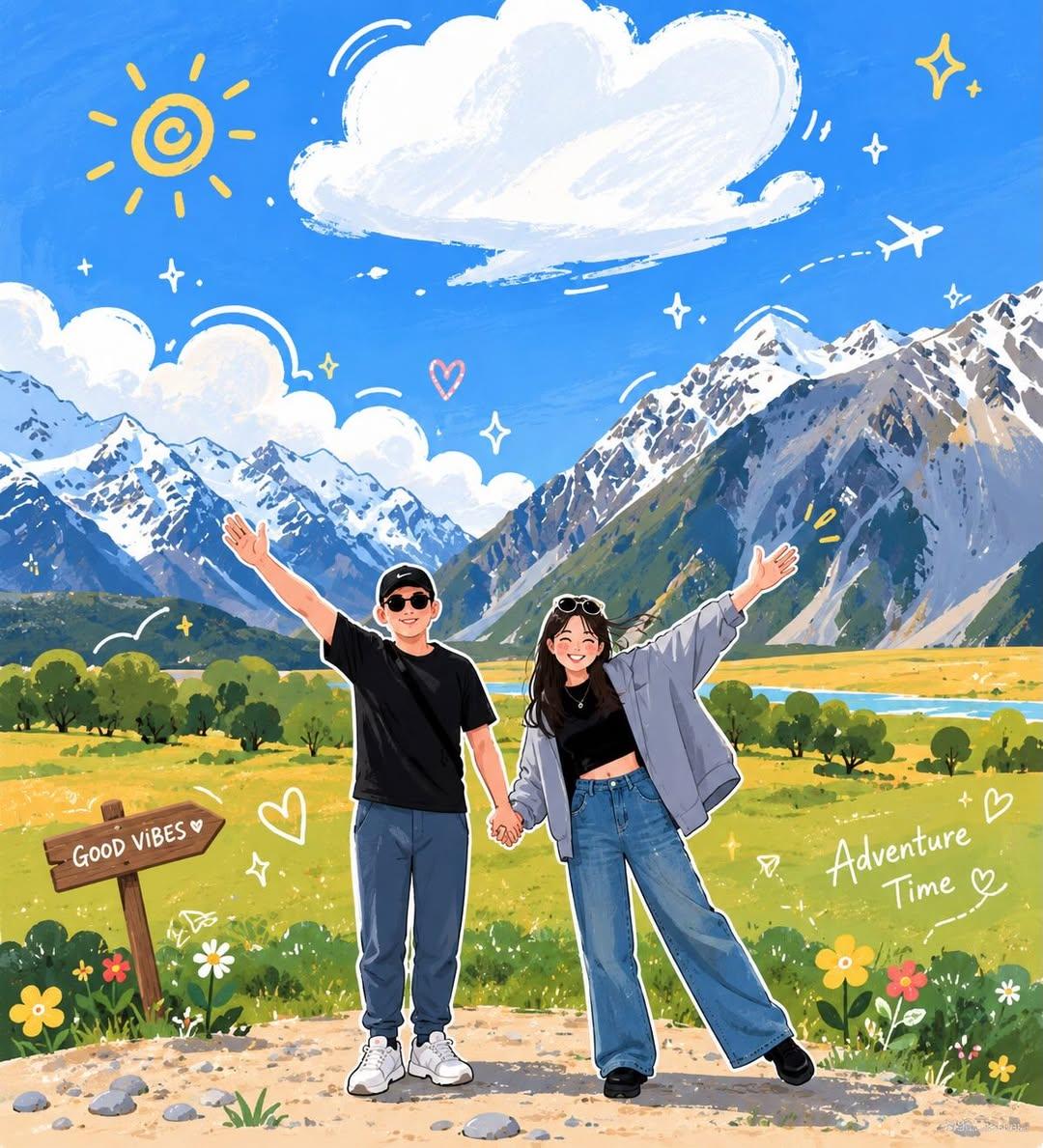 Transform the uploaded travel photo into a charming hand-drawn anime il…
