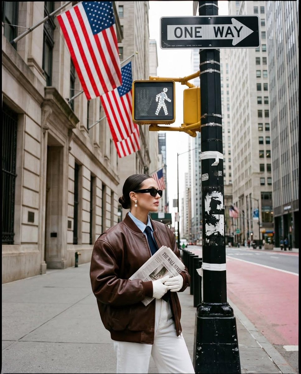 Ultra-realistic street fashion editorial photo set in New York City nea…