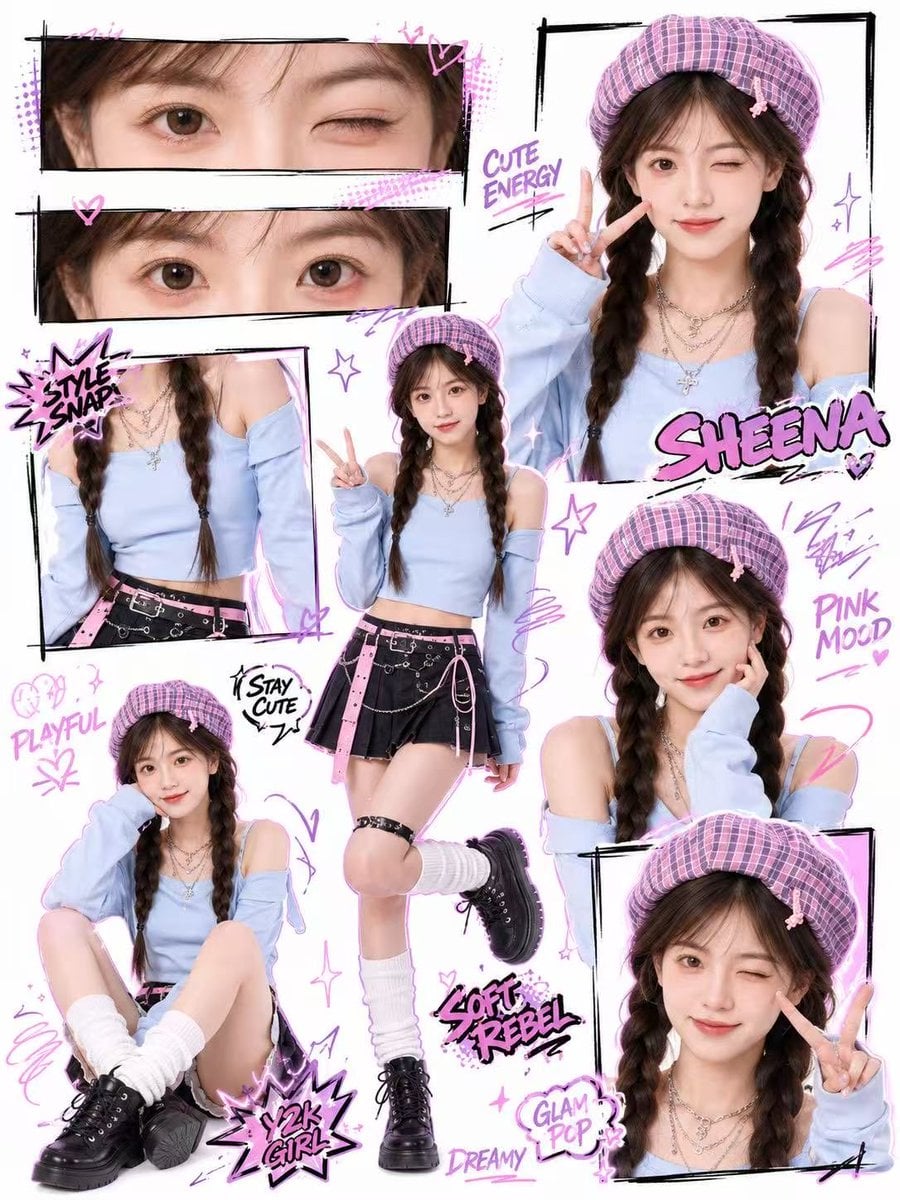 Create a high-quality Y2K kawaii street-style collage poster based on t…