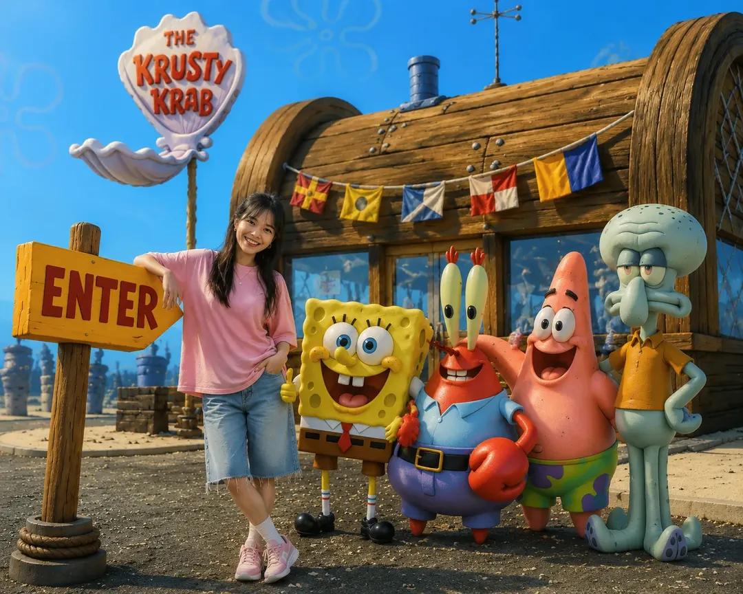 A realistic 3D live-action style photo of a cheerful young Asian woman …
