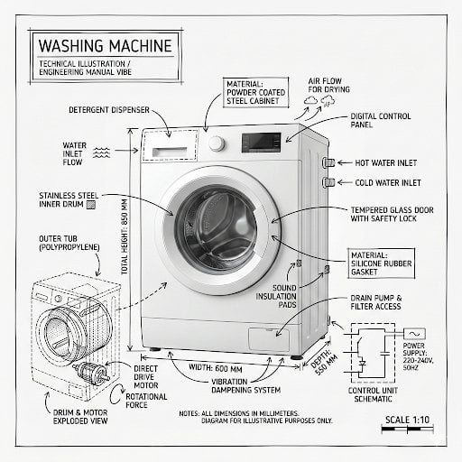 Create an infographic image of [washing machine], combining a realistic…
