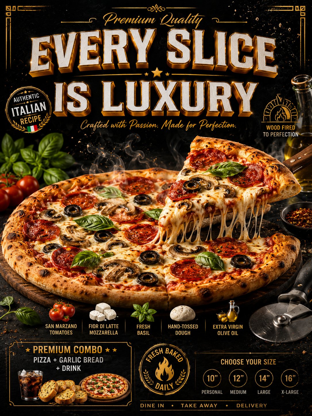 Create an ultra-premium pizza menu advertisement poster, vertical 3:4 l…