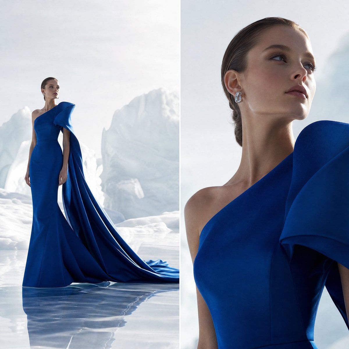 Two-panel fashion editorial split with contrasting camera perspectives …