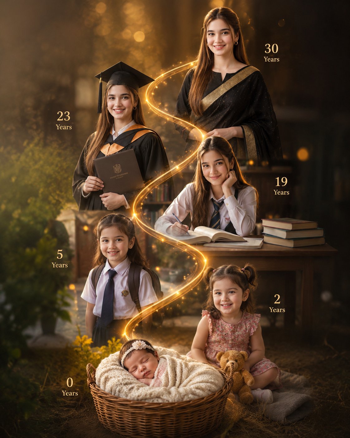 Create a vertical cinematic life journey portrait showing the same girl…