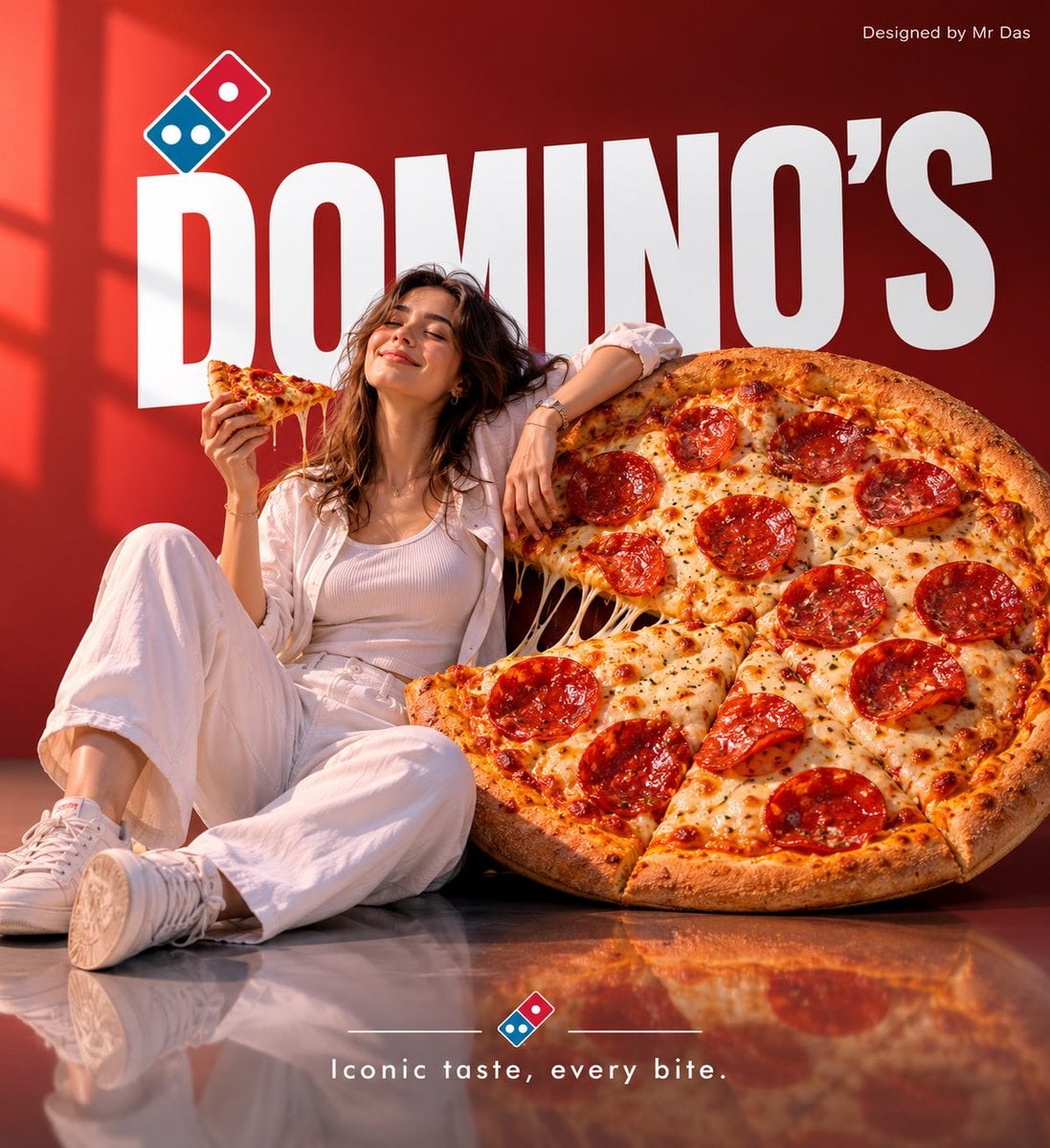 Minimalist commercial ad featuring oversized Domino’s Pepperoni Pizza, …