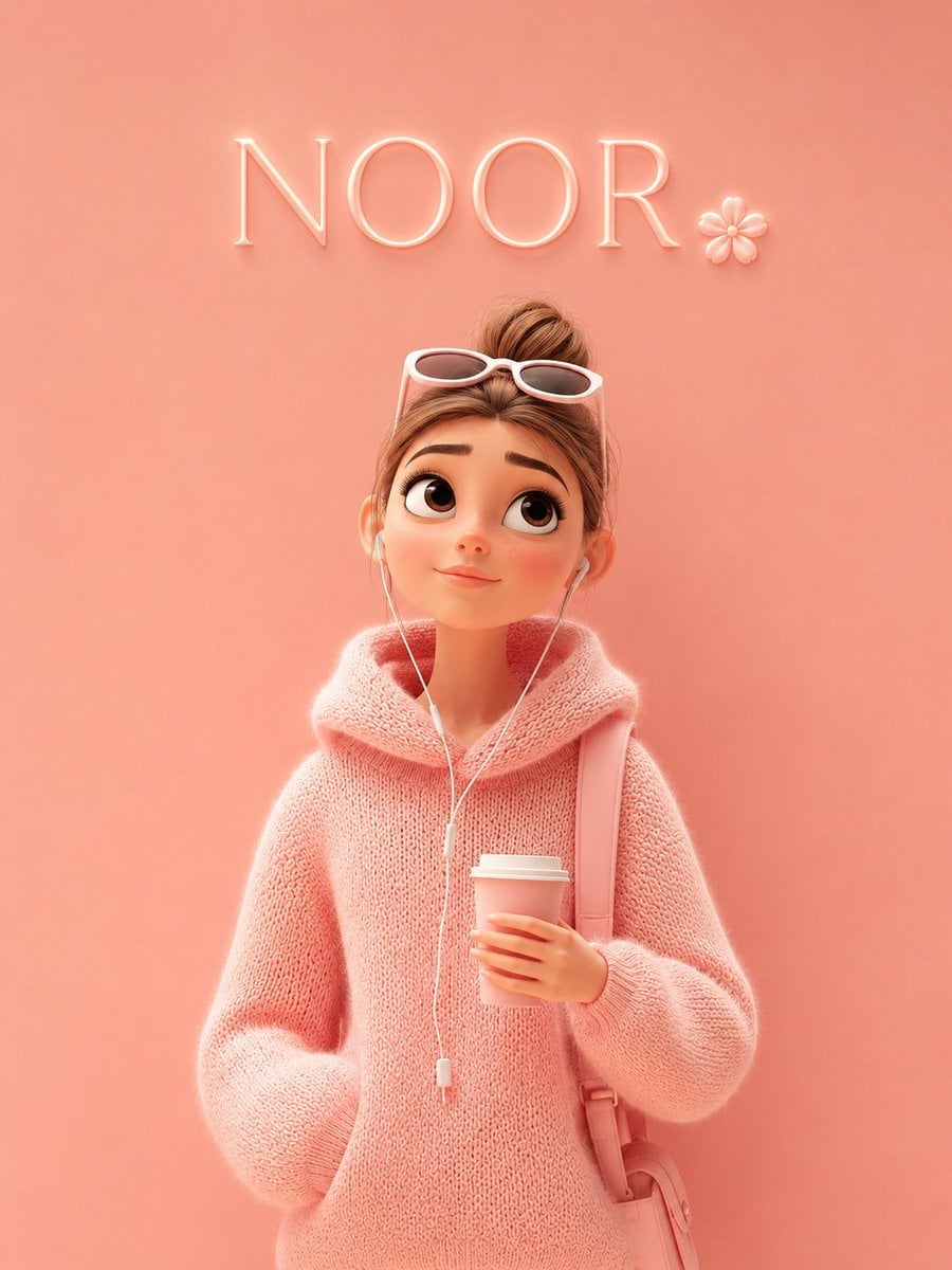 A cute Pixar-style 3D cartoon girl standing against a soft pastel pink …