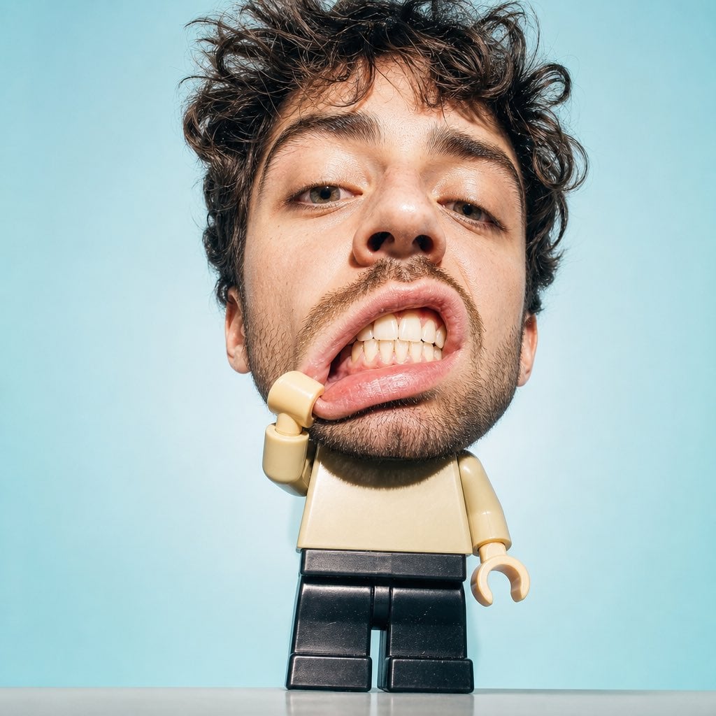 Create a surreal studio portrait of a man from an attached photo with a…