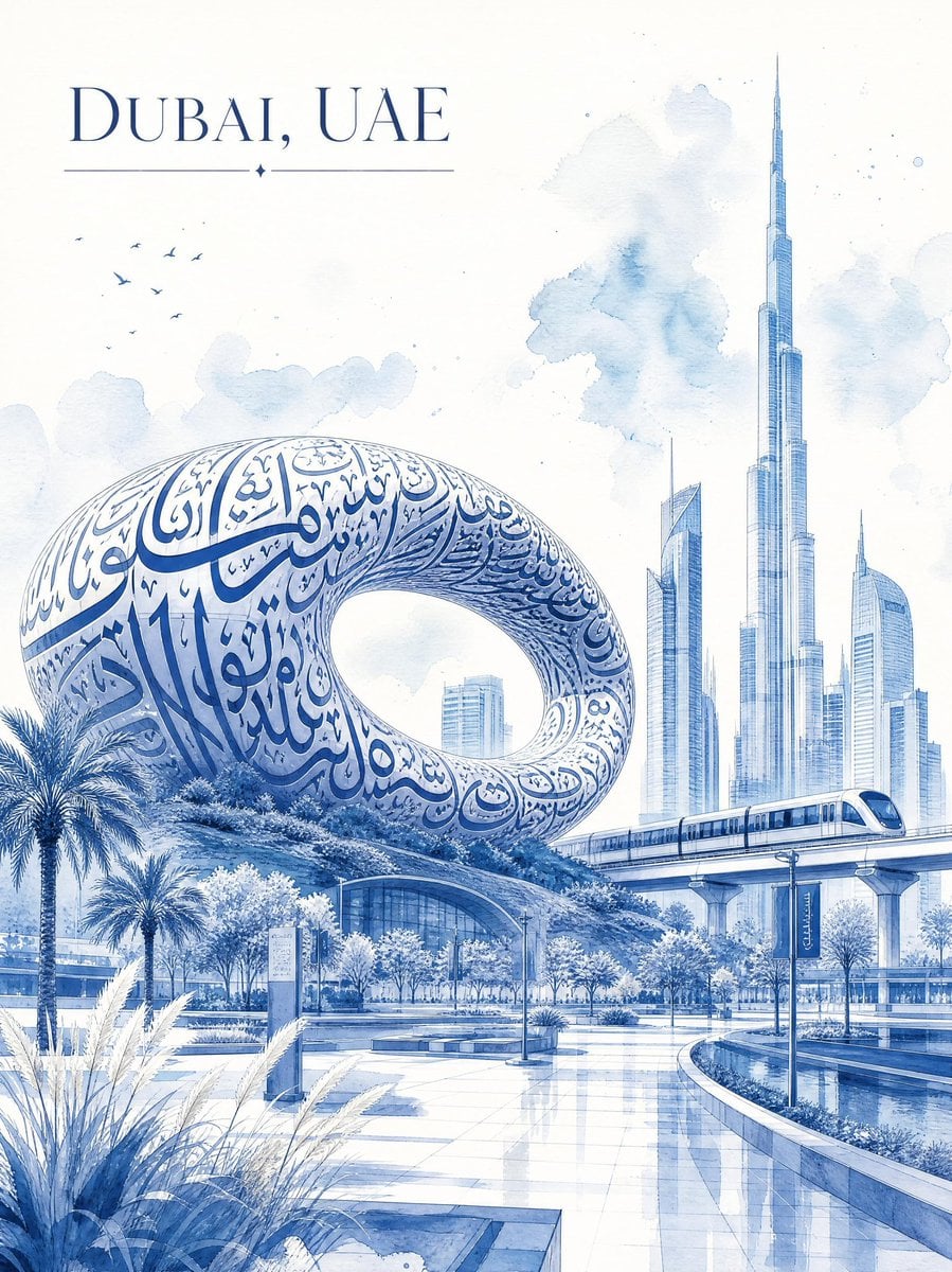Ultra-luxury minimalist watercolor travel poster of Dubai, UAE, rendere…