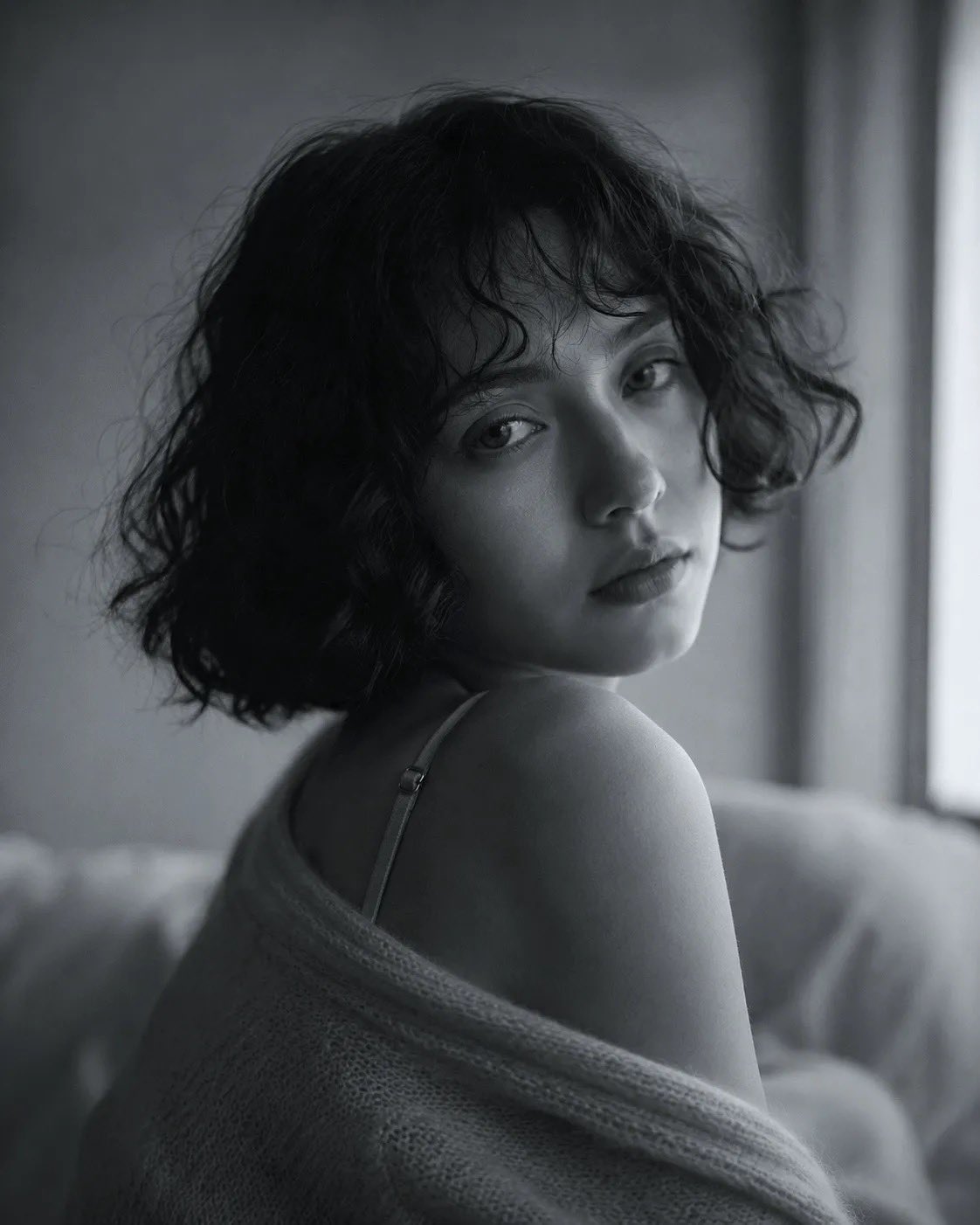 Ethereal fine-art black and white portrait of a young woman with a shor…