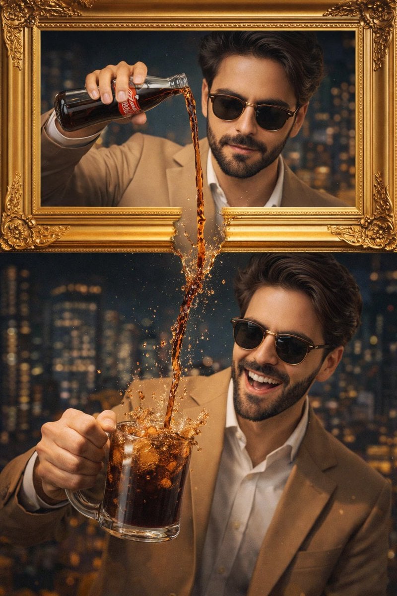 A stylish man wearing a tan suit and sunglasses is featured in a creati…
