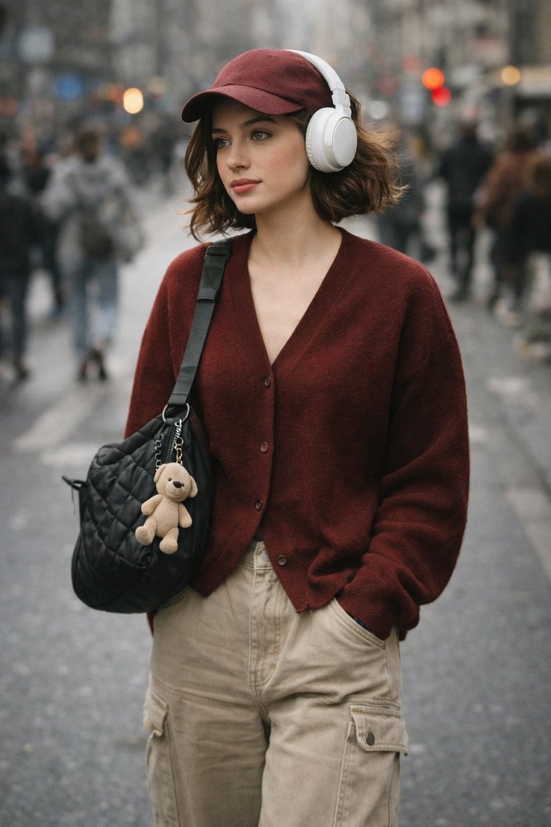 A high-quality, candid street photography shot of a stylish young woman…