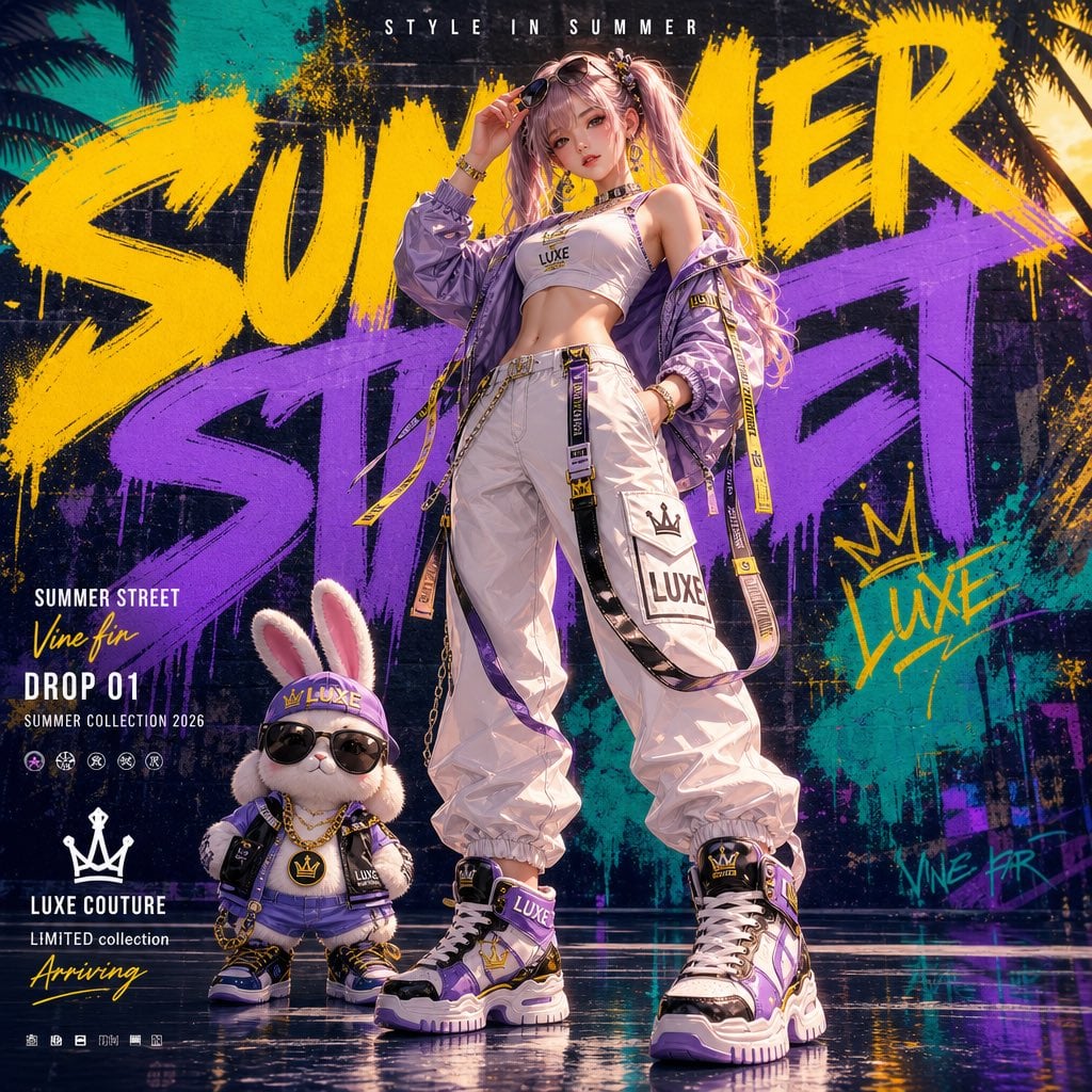 Generate a vertical 4:5 high-end streetwear fashion poster featuring a …