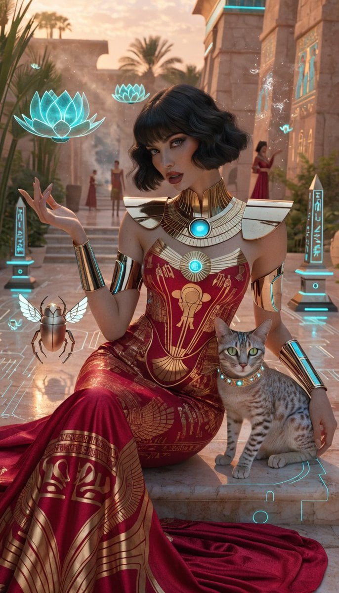 Photorealistic retro-futuristic Egyptian cyberpunk queen seated regally…