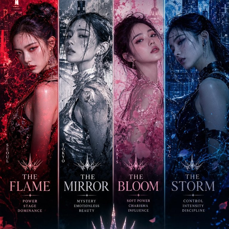 Ultra-premium K-pop comeback concept featuring a four-member global gir…