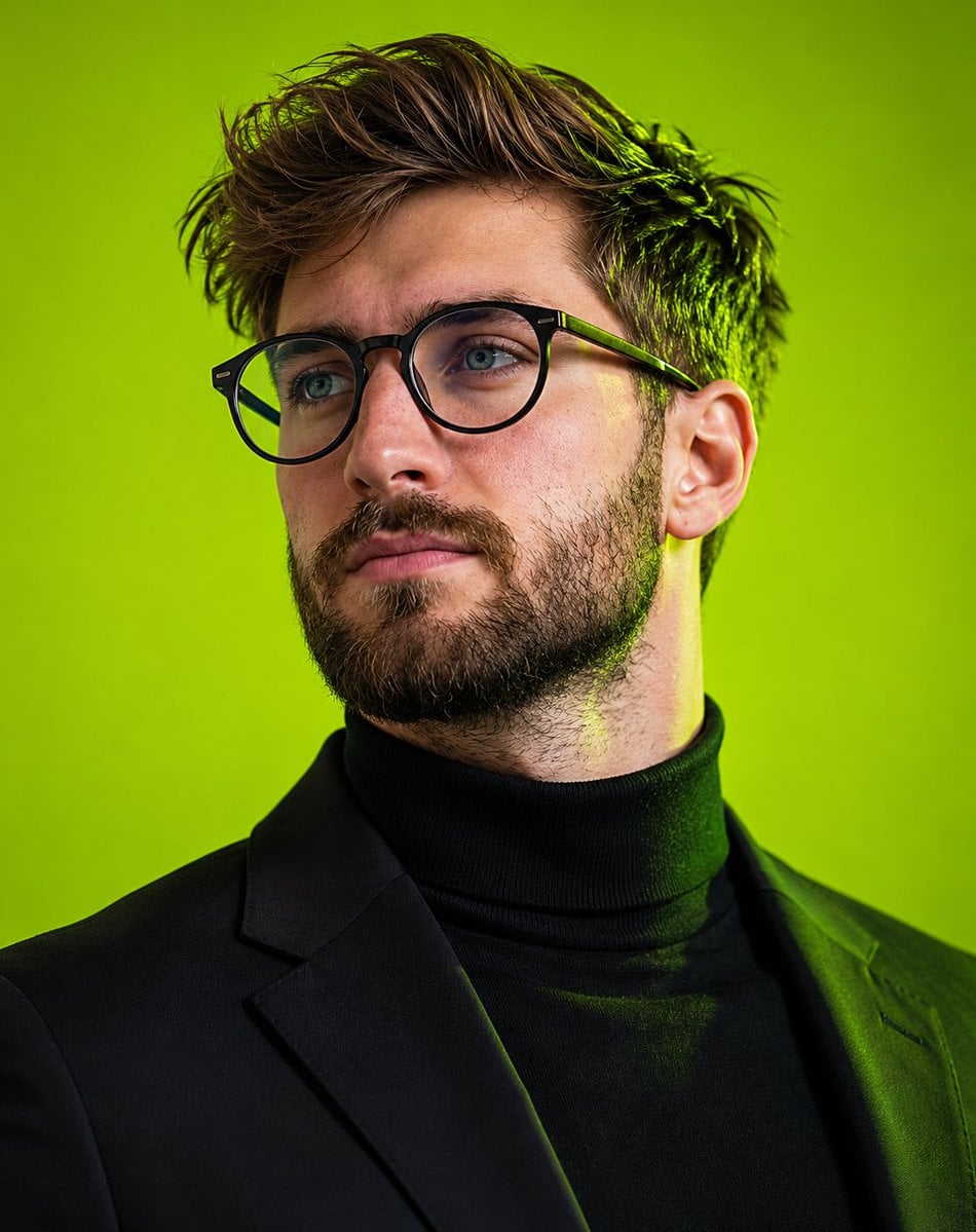 Ultra-realistic editorial portrait of a young man with tousled textured…