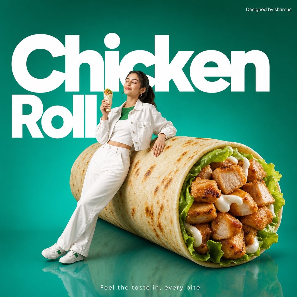 Minimalist commercial ad featuring oversized premium chicken rrolls, ul…