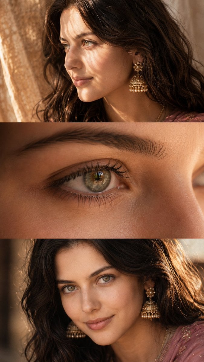 Luxurious cinematic feminine beauty collage in three elegant horizontal…