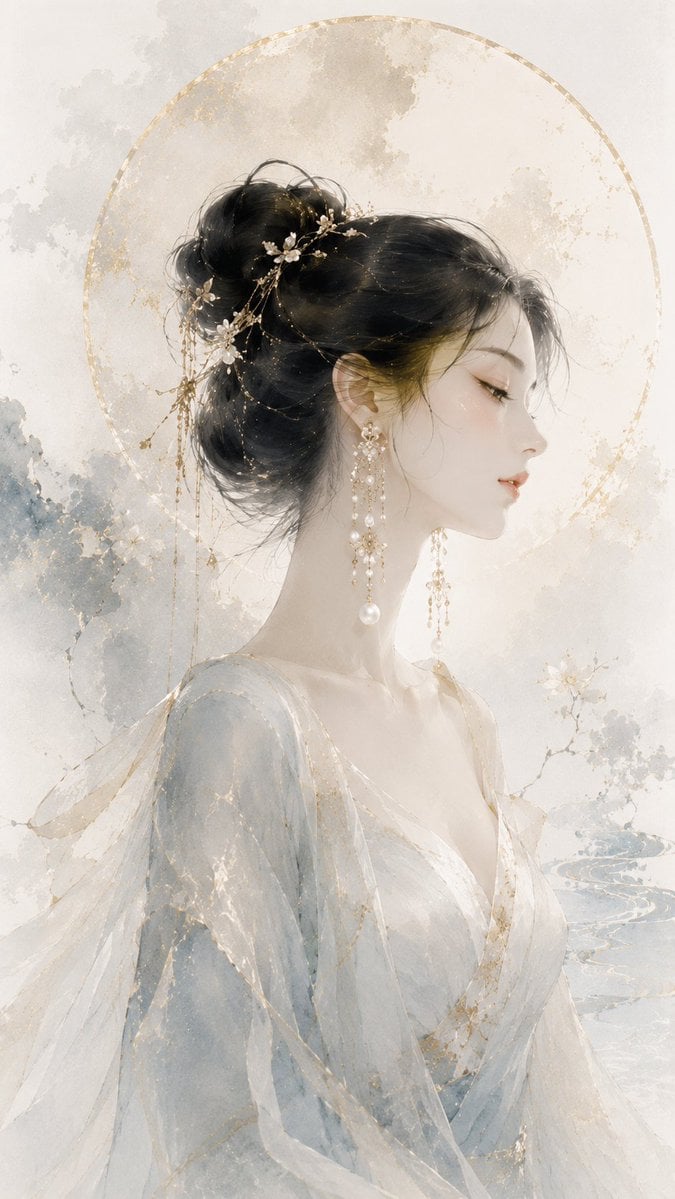 请生成一张 9:16 竖版、原创高级东方珠宝视觉海报。整体风格为东方水墨时装插画，结合高级珠宝 Campaign、轻奢品牌主视觉、细腻金线描绘…