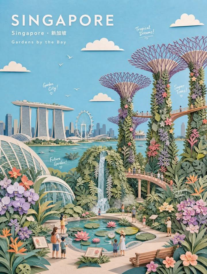 PASTEL PAPER-COLLAGE BOTANICAL GARDEN TRAVEL POSTER Create a museum-qua…
