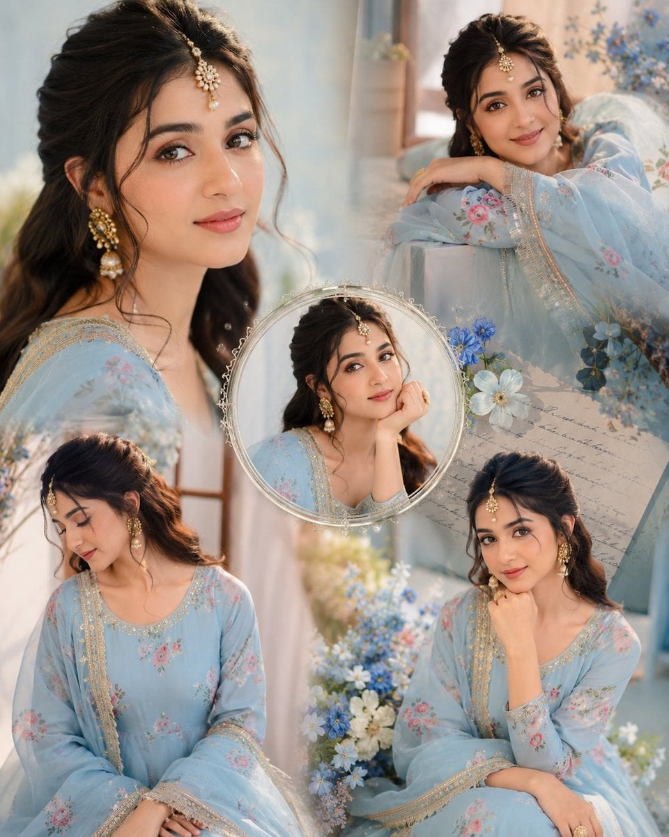 Create a dreamy aesthetic portrait collage of a beautiful young Indian …