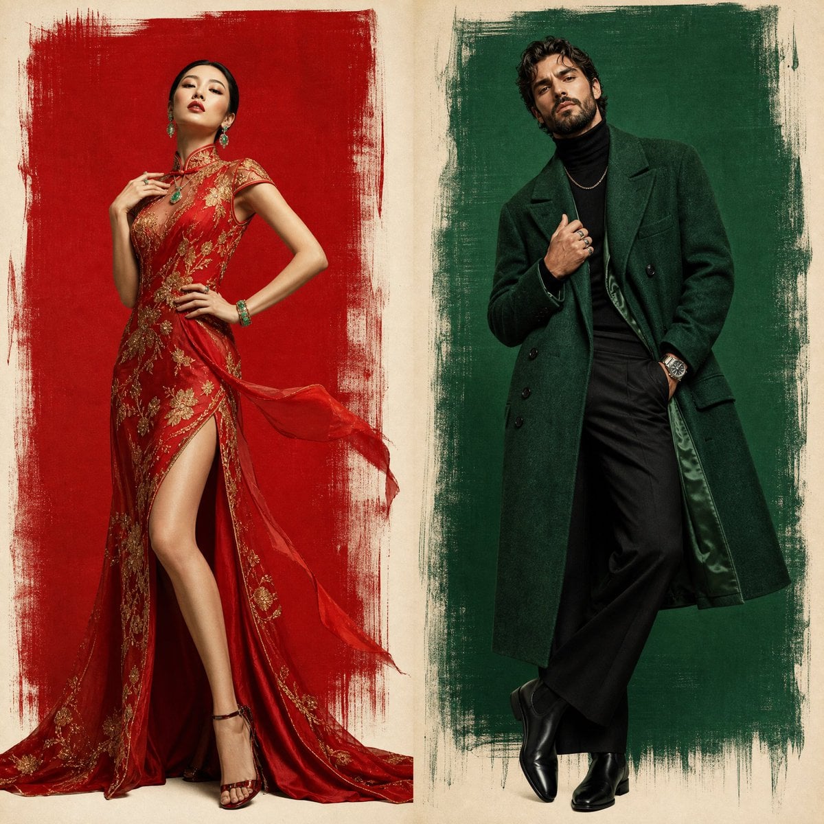 Two-panel luxury fashion poster. Left side: a rough brush-painted recta…
