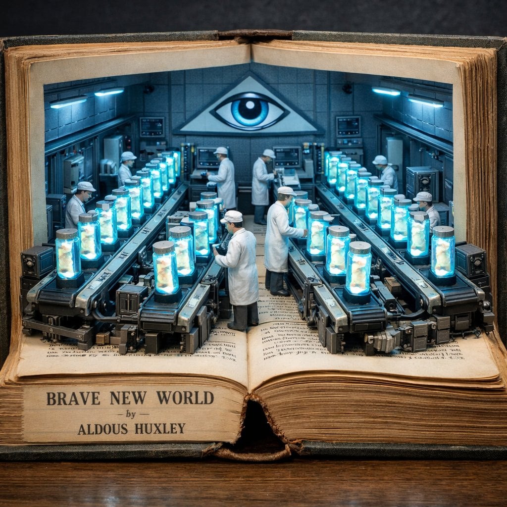 Surreal diorama emerging from an open vintage book of "Brave New World"…