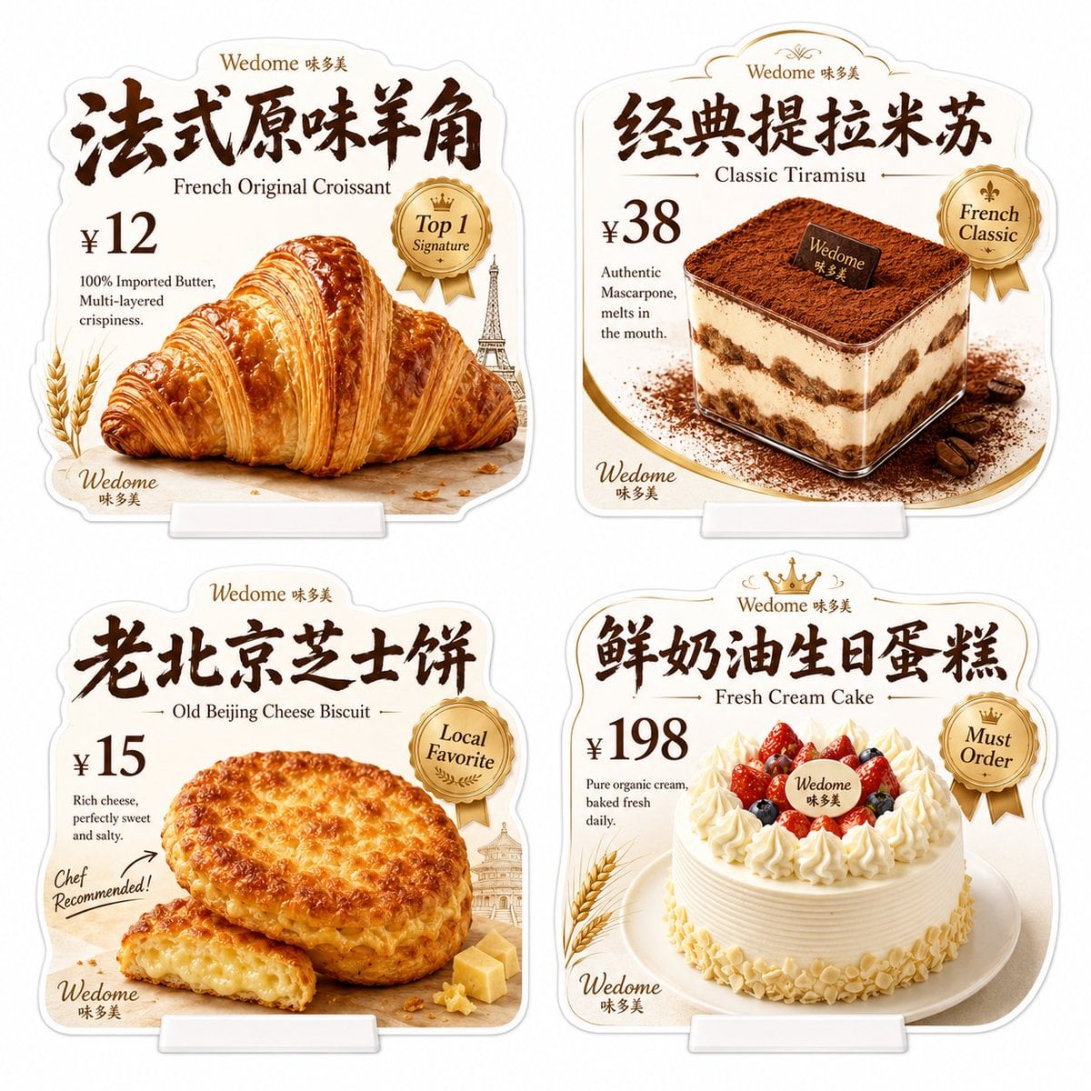 请生成一张[味多美]门店异形桌牌展示图。纯白背景。 品牌名称： [味多美 (Wedome)] 空间风格： 温暖法式烘焙感，温馨治愈，高级感。 …