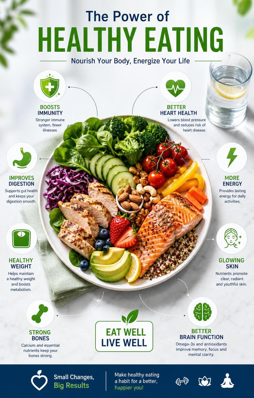 Ultra-realistic 3D infographic poster comparing healthy eating in a cle…