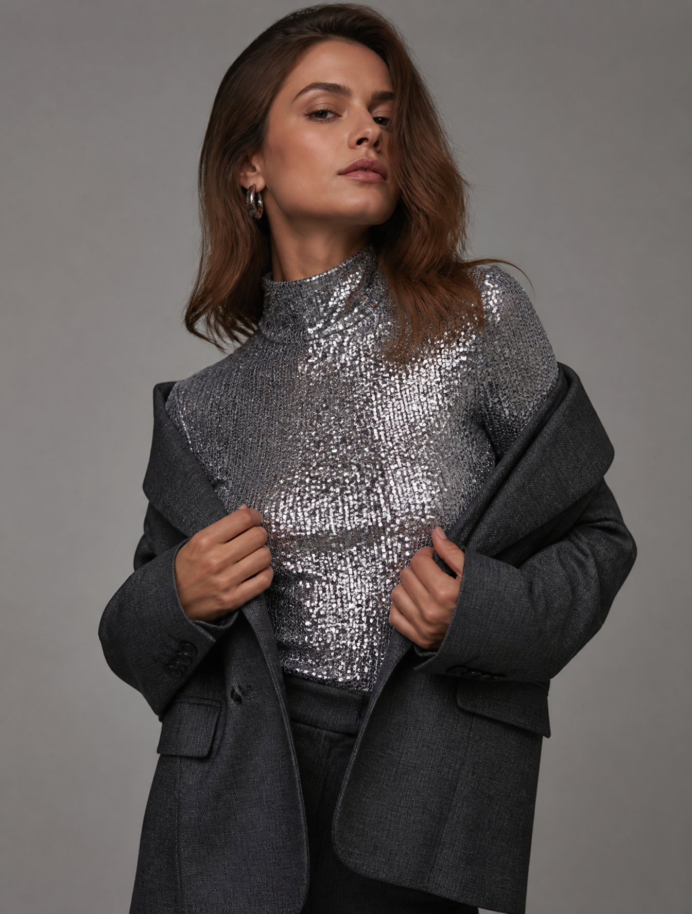 A high-fashion editorial medium shot of an elegant woman sliding a shar…