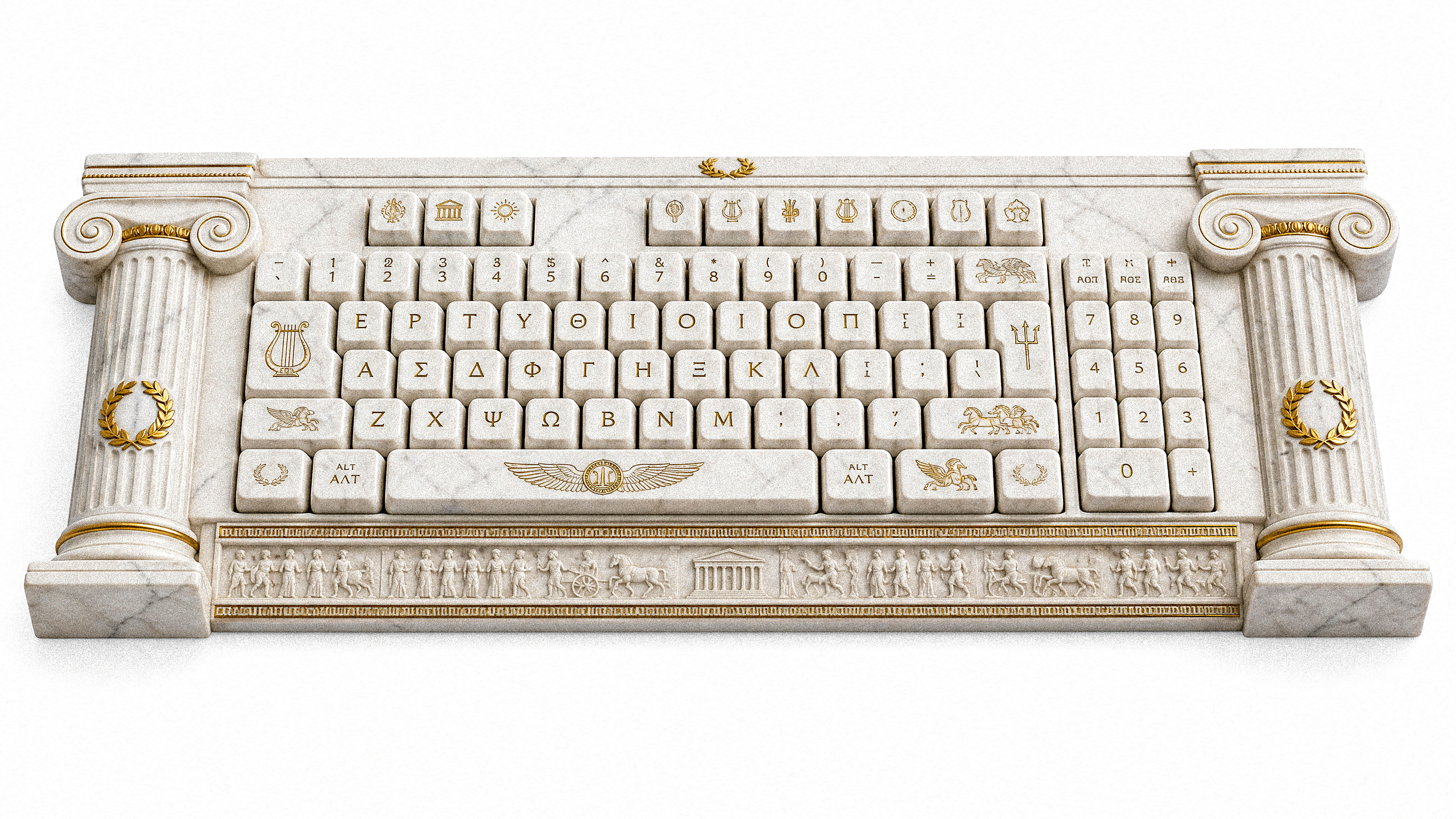 Top-down flat lay view of a modern computer QWERTY keyboard reimagined … 1