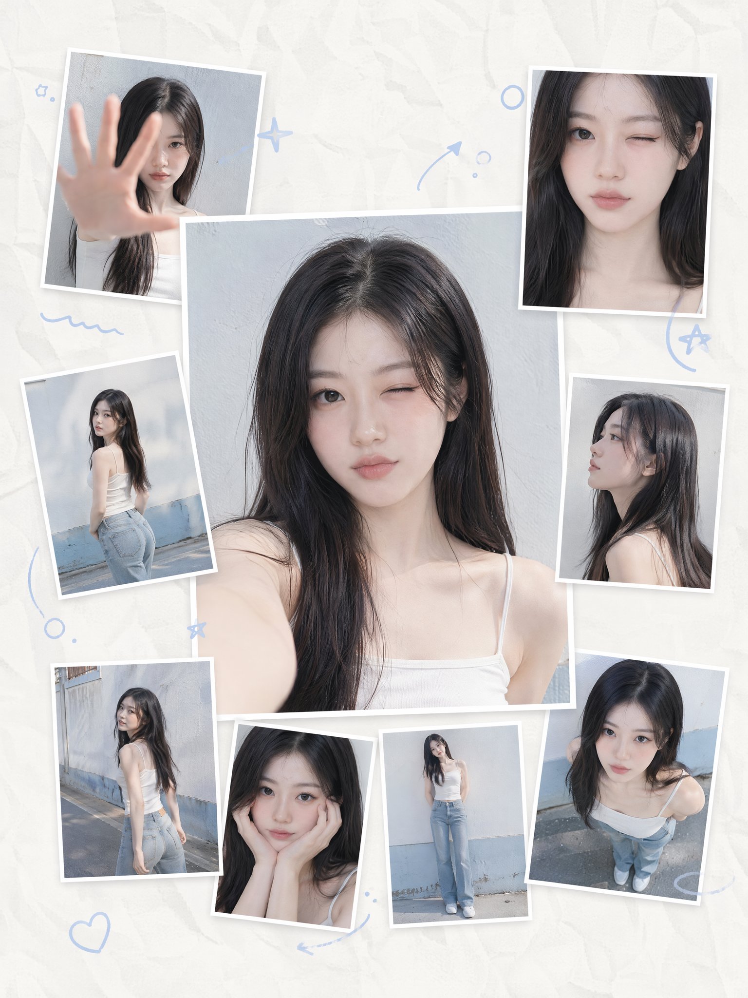That Korean-style collage layout with the 8 small poses is pure INS aes…