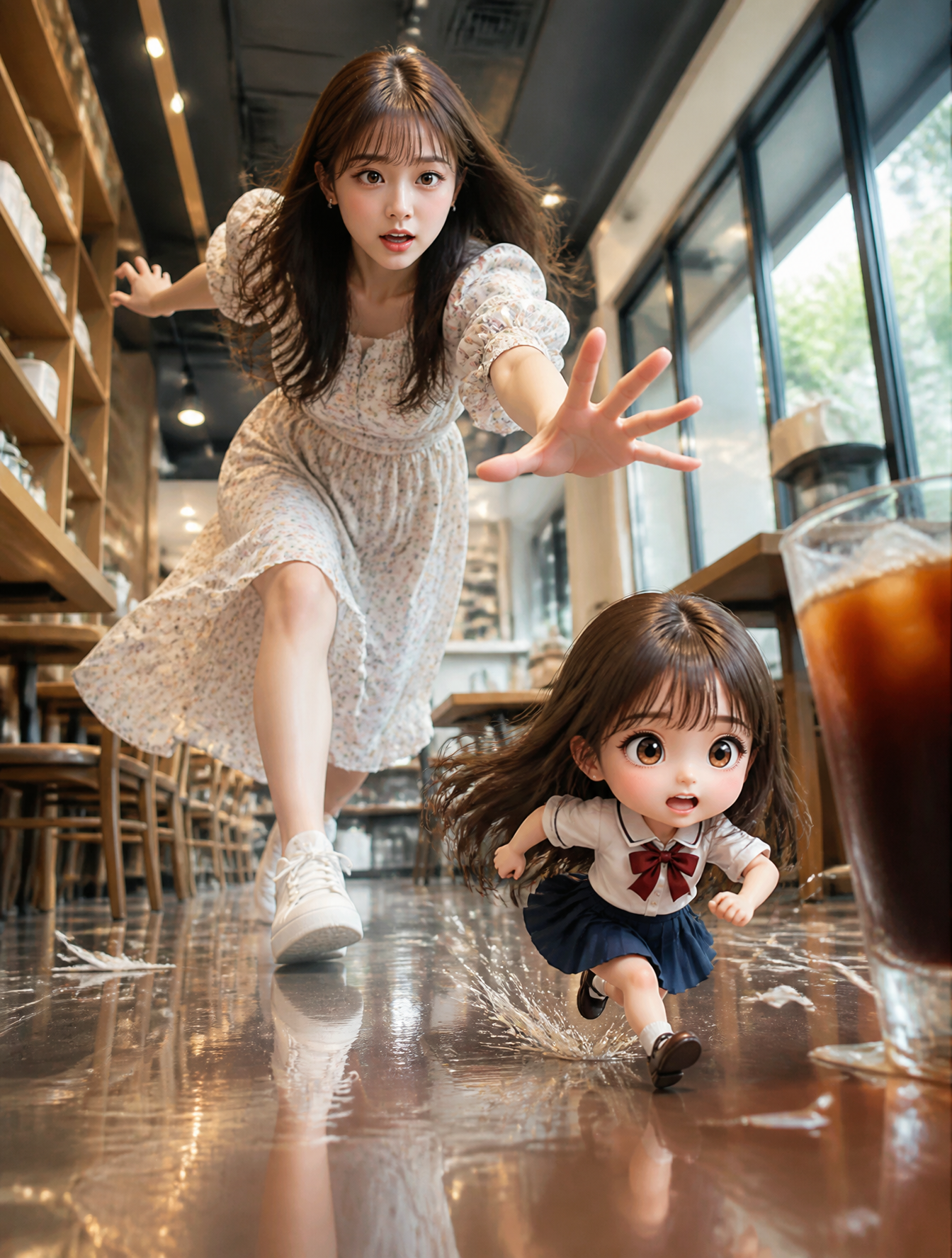 主题：咖啡厅里追赶自己迷你分身的女性 / 动态咖啡厅奇幻肖像 人物・表情：20多岁的女性，柔和的鹅蛋脸，棕色长发，透视刘海，透明感的肌肤，精致…