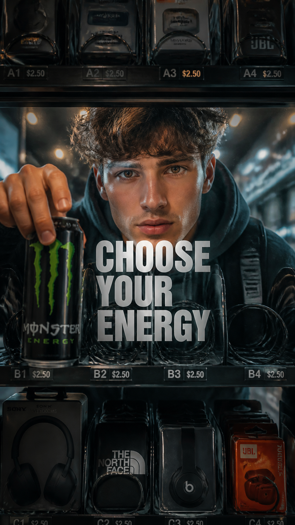 A premium 9:16 lifestyle advertising poster.Main Subject: A young male …