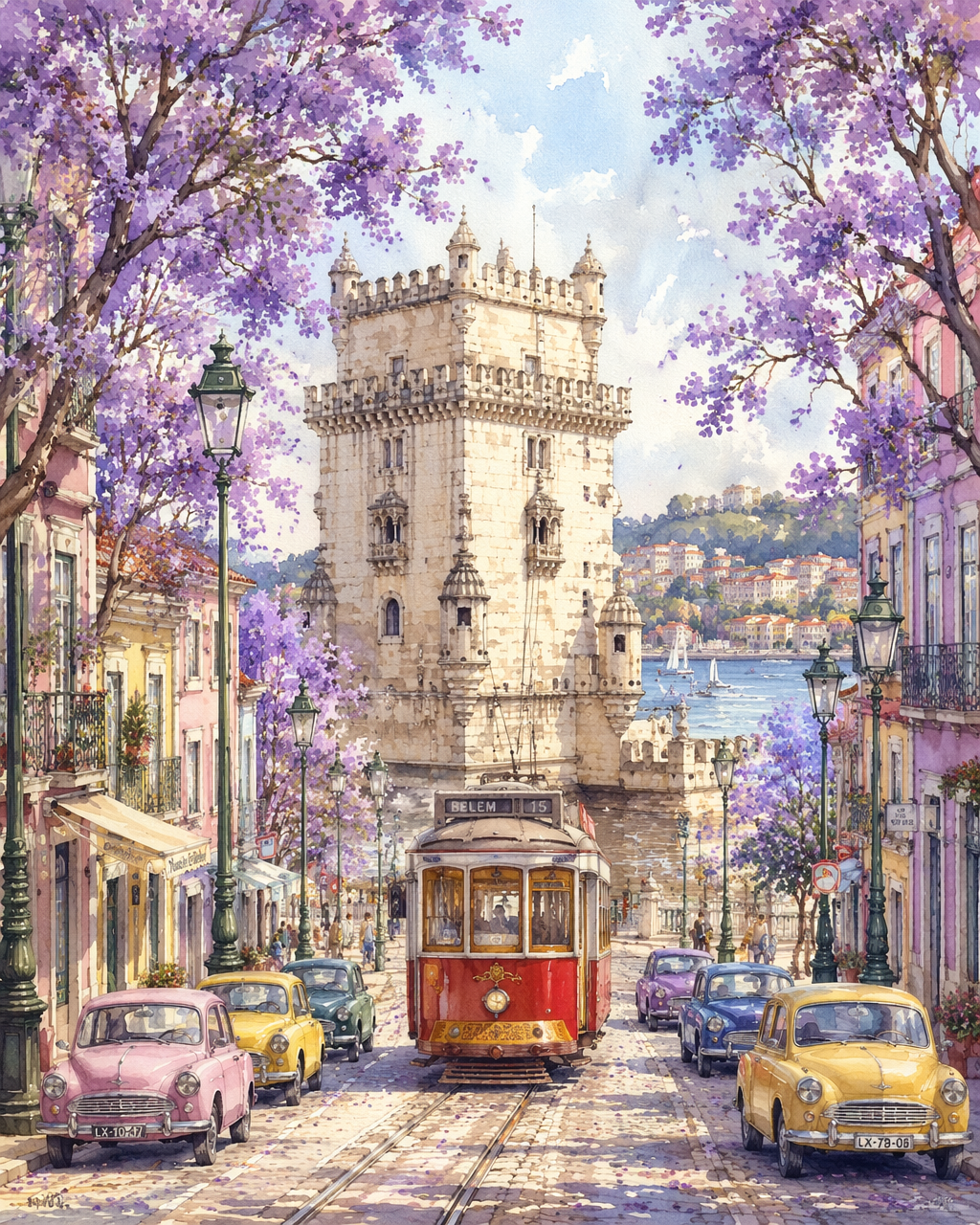 Vertical watercolor illustration, street view of Belém Tower in Lisbon …