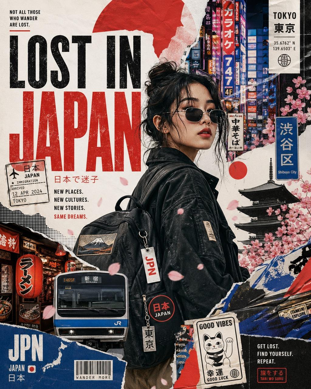 Create a premium vintage travel collage poster titled "LOST IN [COUNTRY… 2