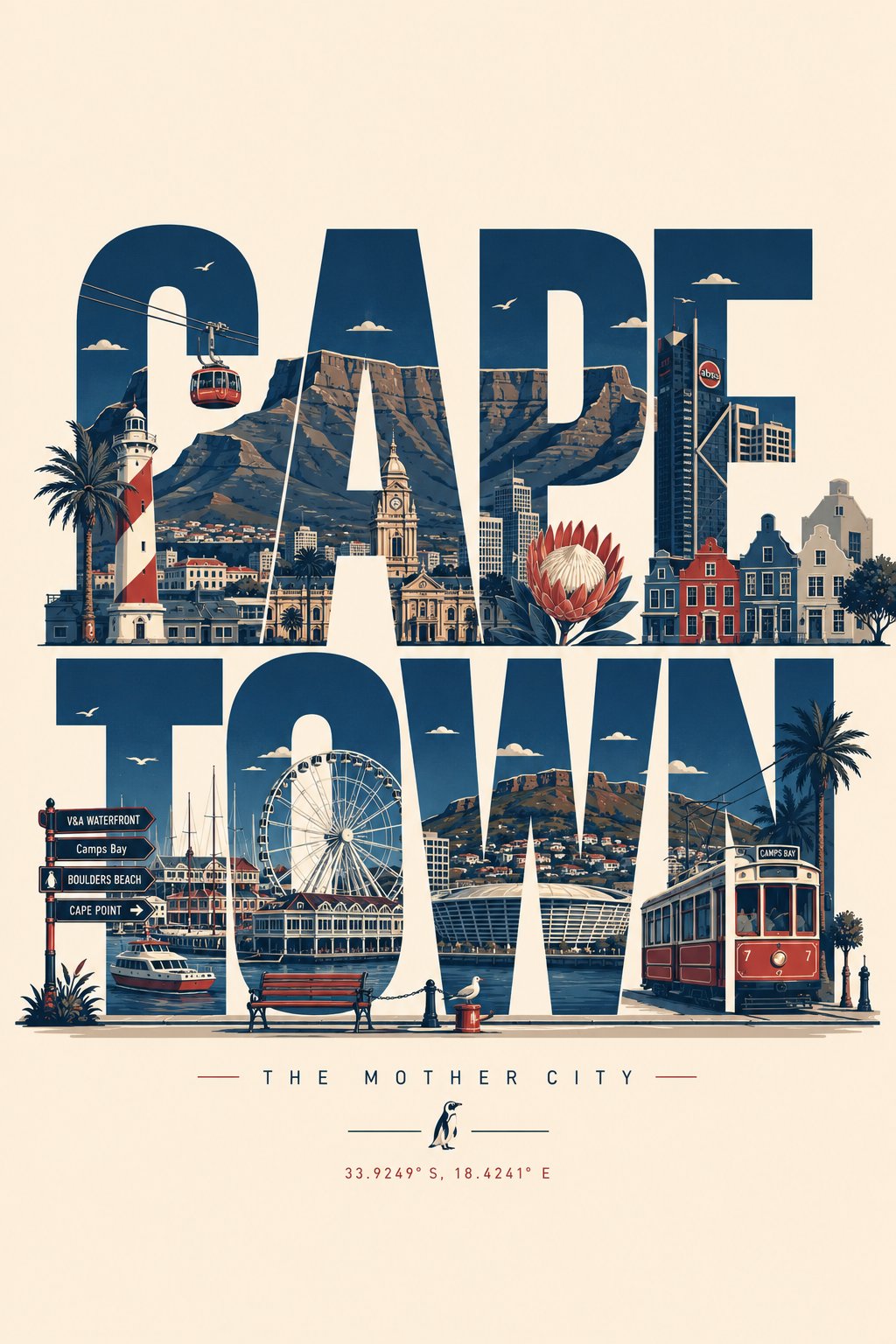 Create a clean, modern typographic travel poster where the city name it…