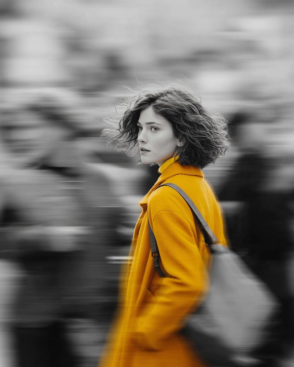 A cinematic street portrait of a beautiful young woman wearing a vibran… 1