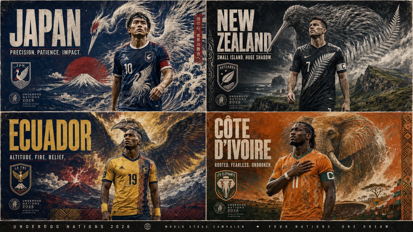 2x2 grid, 16:9, do this for 4 underdog teams qualified for 2026 world c…