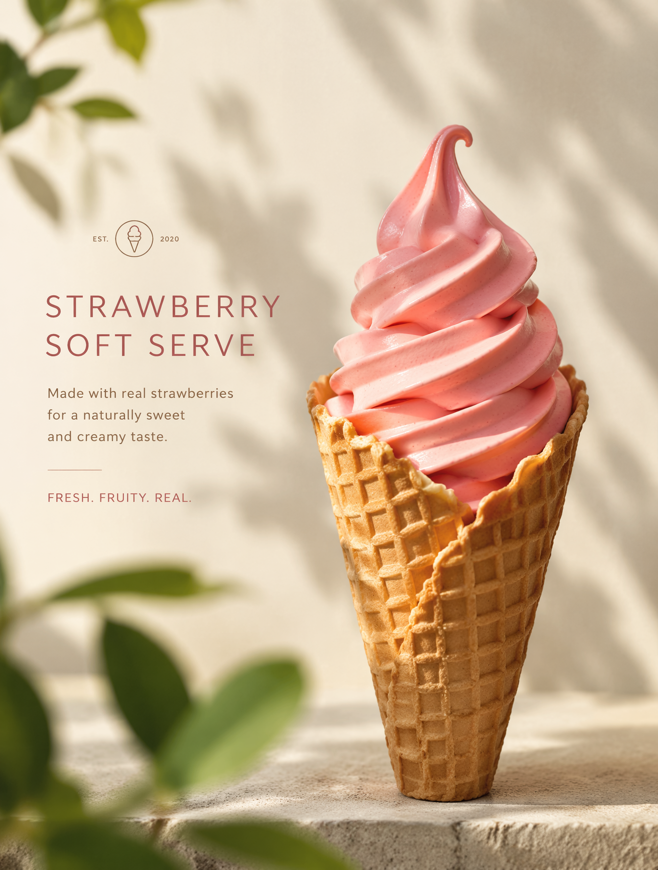 Ultra-realistic product photography of a rich strawberry soft-serve ice…