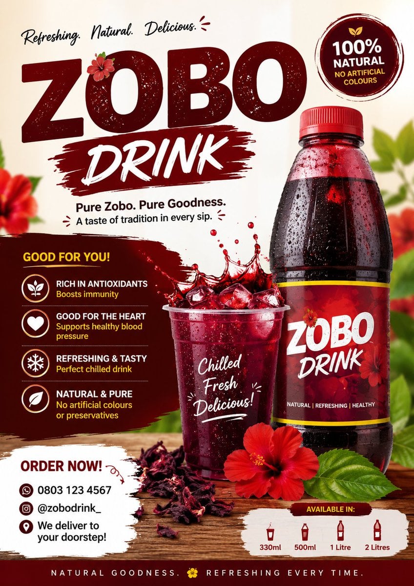 Create an ultra-realistic premium advertising poster for a Zobo drink b…
