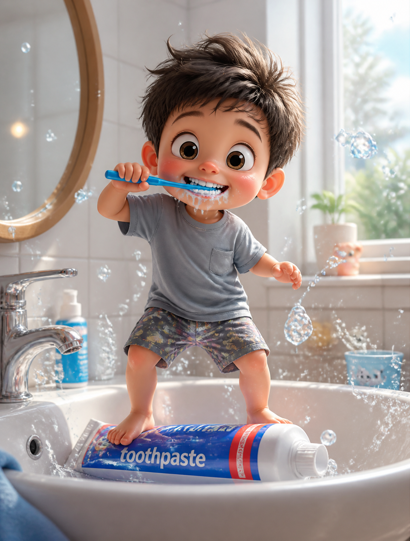 A whimsical, ultra-detailed 3D illustration of a cute toddler boy with …