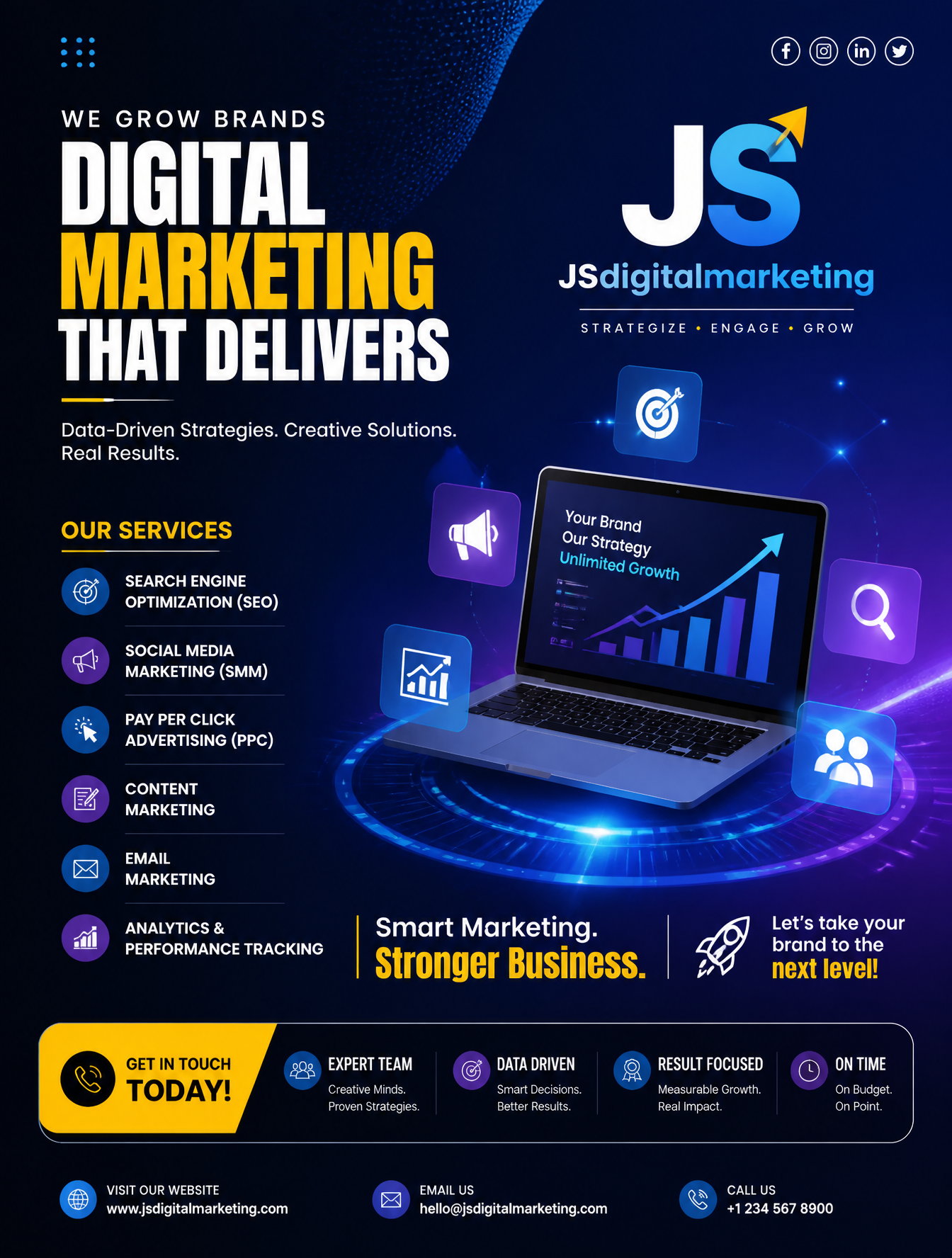 a professional digital marketing poster design for JSdigitalmarketing, …
